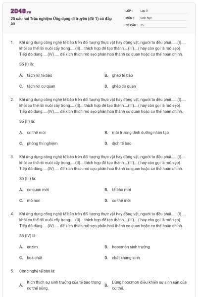 25 câu hỏi Trắc nghiệm Ứng dụng di truyền (đề 1) có đáp án