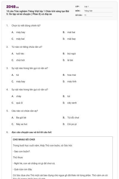 10 câu Trắc nghiệm Tiếng Việt lớp 1 Chân trời sáng tạo Bài 5: Ôn tập và kể chuyện ( Phần 8) có đáp án