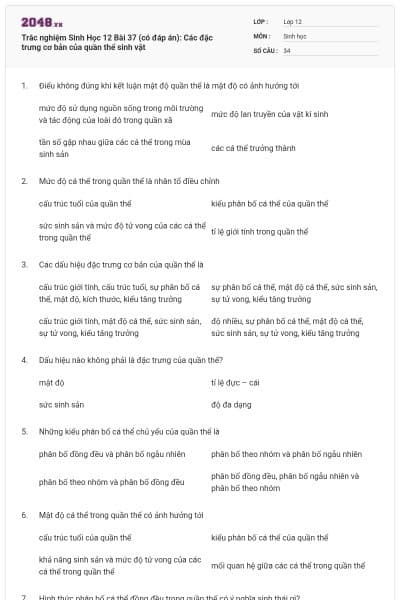 Trắc nghiệm Sinh Học 12 Bài 37 (có đáp án): Các đặc trưng cơ bản của quần thể sinh vật
