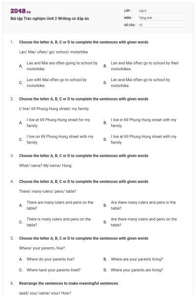 Bài tập Trắc nghiệm Unit 2 Writing có đáp án