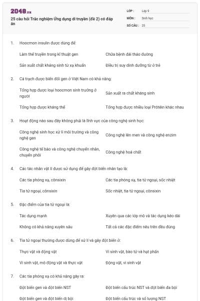25 câu hỏi Trắc nghiệm Ứng dụng di truyền (đề 2) có đáp án