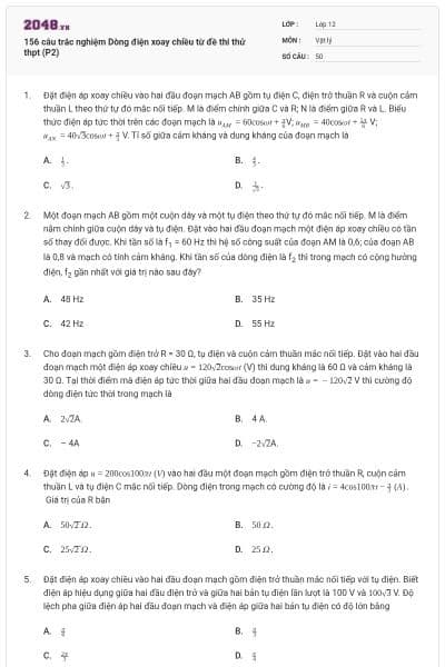 156 câu trắc nghiệm Dòng điện xoay chiều từ đề thi thử thpt (P2)
