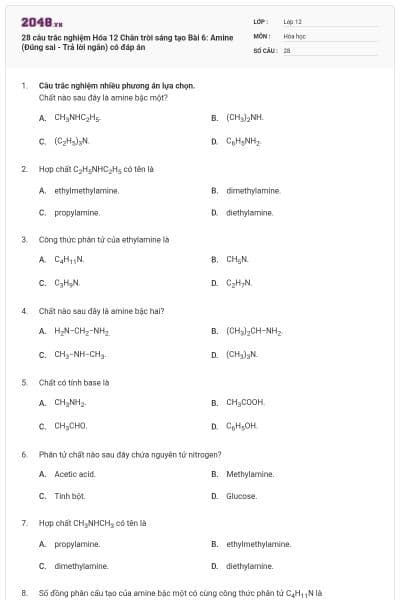 28 câu trắc nghiệm Hóa 12 Chân trời sáng tạo Bài 6: Amine (Đúng sai - Trả lời ngắn) có đáp án