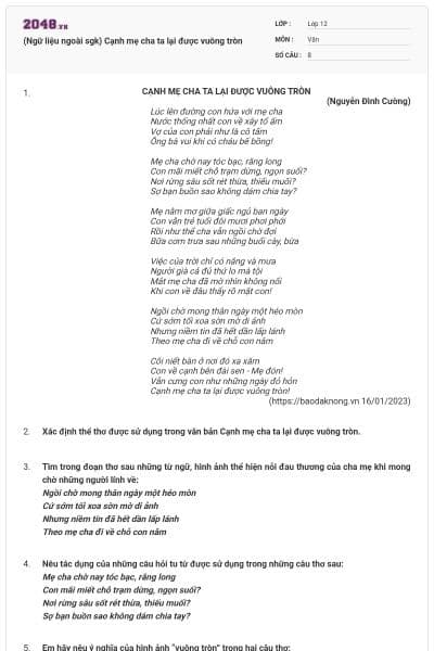 (Ngữ liệu ngoài sgk) Cạnh mẹ cha ta lại được vuông tròn