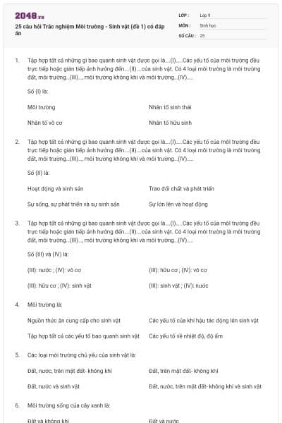 25 câu hỏi Trắc nghiệm Môi trường - Sinh vật (đề 1) có đáp án