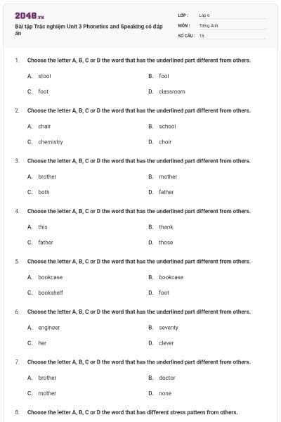 Bài tập Trắc nghiệm Unit 3 Phonetics and Speaking có đáp án