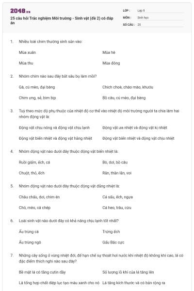 25 câu hỏi Trắc nghiệm Môi trường - Sinh vật (đề 2) có đáp án