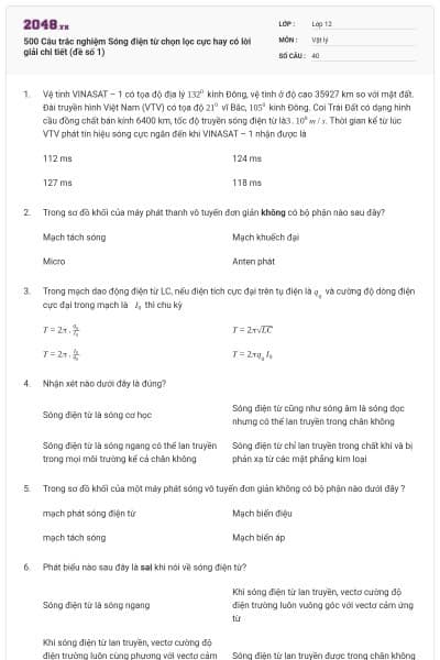 500 Câu trắc nghiệm Sóng điện từ chọn lọc cực hay có lời giải chi tiết (đề số 1)
