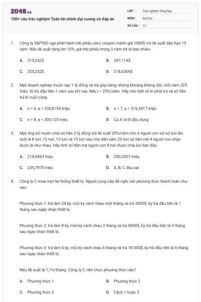 100+ câu trắc nghiệm Toán tài chính đại cương có đáp án