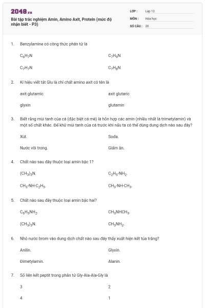 Bài tập trắc nghiệm Amin, Amino Axit, Protein (mức độ nhận biết - P3)