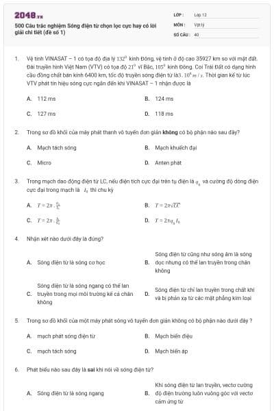 500 Câu trắc nghiệm Sóng điện từ chọn lọc cực hay có lời giải chi tiết (đề số 1)
