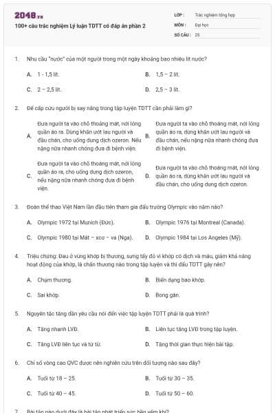 100+ câu trắc nghiệm Lý luận TDTT có đáp án phần 2