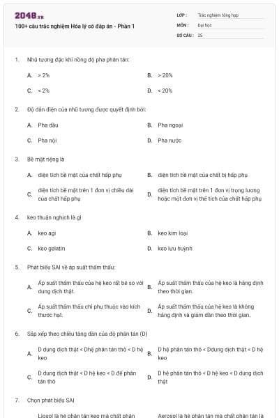 100+ câu trắc nghiệm Hóa lý có đáp án - Phần 1
