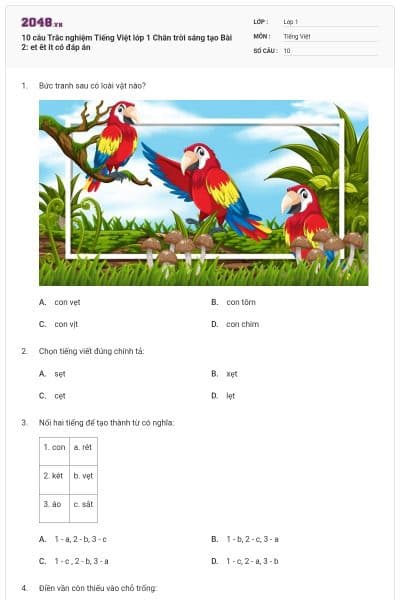 10 câu Trắc nghiệm Tiếng Việt lớp 1 Chân trời sáng tạo Bài 2: et êt it có đáp án