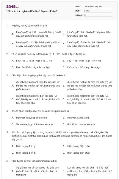 100+ câu trắc nghiệm Hóa lý có đáp án - Phần 2