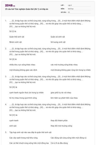 25 câu hỏi Trắc nghiệm Quần thể (đề 1) có đáp án