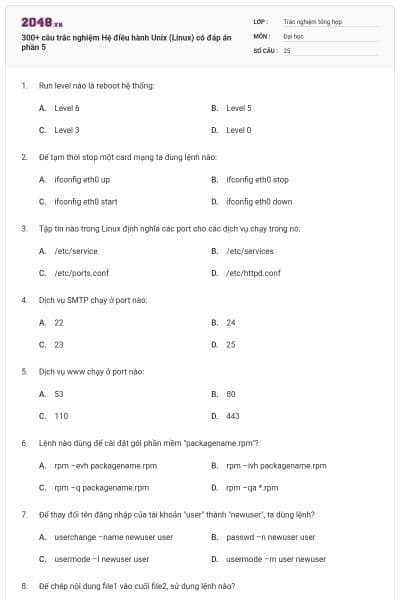 300+ câu trắc nghiệm Hệ điều hành Unix (Linux) có đáp án phần 5