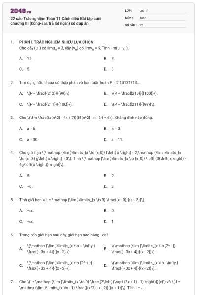 22 câu Trắc nghiệm Toán 11 Cánh diều Bài tập cuối chương III (Đúng-sai, trả lời ngắn) có đáp án