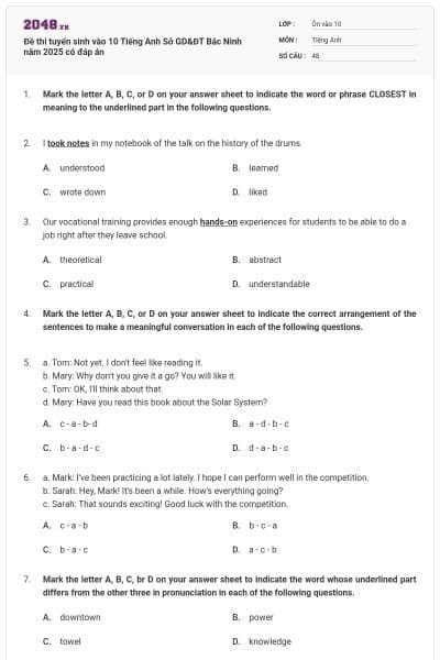 Đề thi tuyển sinh vào 10 Tiếng Anh Sở GD&ĐT Bắc Ninh năm 2025 có đáp án