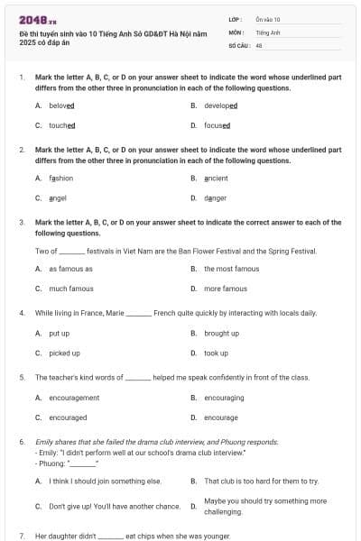 Đề thi tuyển sinh vào 10 Tiếng Anh Sở GD&ĐT Hà Nội năm 2025 có đáp án