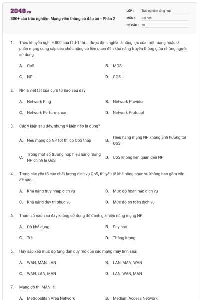 300+ câu trắc nghiệm Mạng viễn thông có đáp án - Phần 2