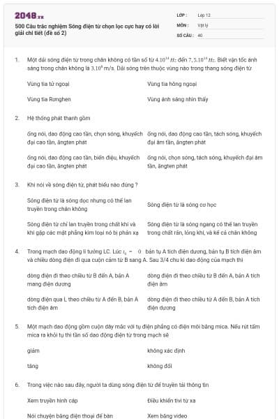 500 Câu trắc nghiệm Sóng điện từ chọn lọc cực hay có lời giải chi tiết (đề số 2)