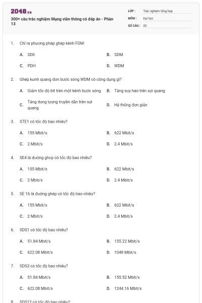 300+ câu trắc nghiệm Mạng viễn thông có đáp án - Phần 13