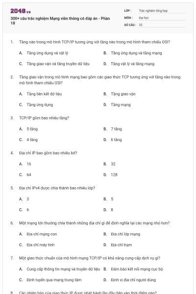 300+ câu trắc nghiệm Mạng viễn thông có đáp án - Phần 18