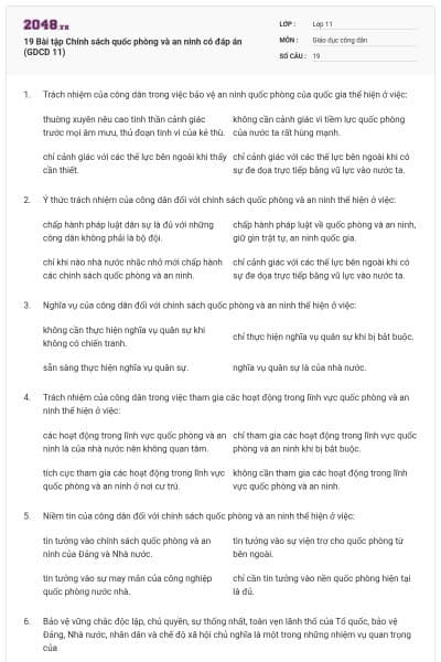 19 Bài tập Chính sách quốc phòng và an ninh có đáp án (GDCD 11)