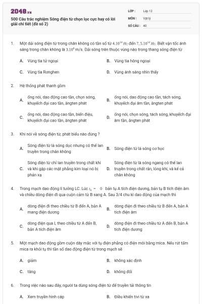 500 Câu trắc nghiệm Sóng điện từ chọn lọc cực hay có lời giải chi tiết (đề số 2)