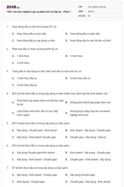 100+ câu trắc nghiệm Lập và phân tích có đáp án - Phần 1