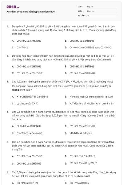 Xác định công thức hỗn hợp amin đơn chức