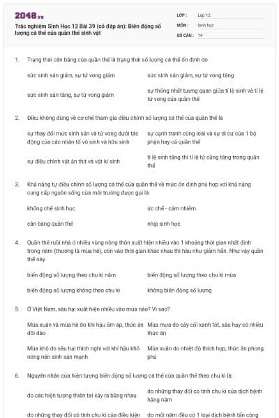 Trắc nghiệm Sinh Học 12 Bài 39 (có đáp án): Biến động số lượng cá thể của quần thể sinh vật