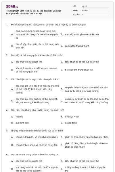 Trắc nghiệm Sinh Học 12 Bài 37 (có đáp án): Các đặc trưng cơ bản của quần thể sinh vật