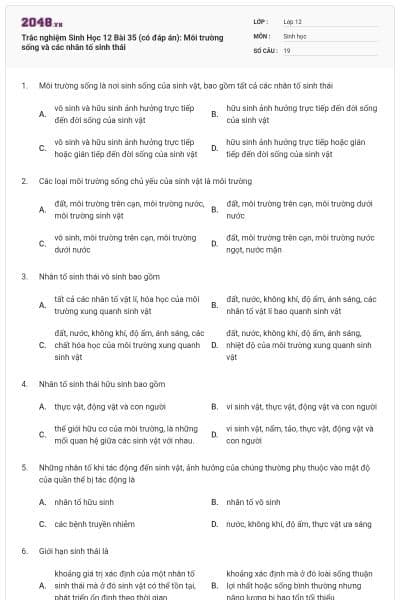 Trắc nghiệm Sinh Học 12 Bài 35 (có đáp án): Môi trường sống và các nhân tố sinh thái