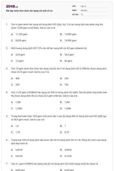 Bài tập amin đơn chức tác dụng với axit vô cơ