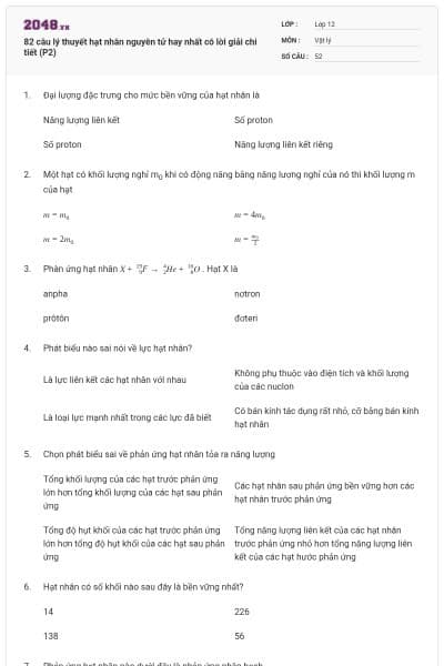 82 câu lý thuyết hạt nhân nguyên tử hay nhất có lời giải chi tiết (P2)