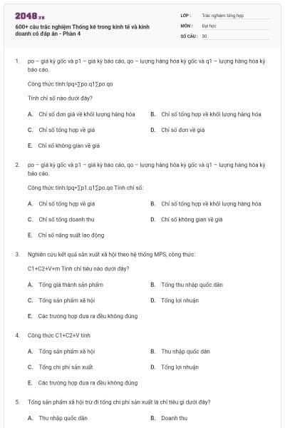 600+ câu trắc nghiệm Thống kê trong kinh tế và kinh doanh có đáp án - Phần 4