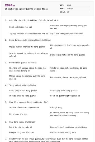 25 câu hỏi Trắc nghiệm Quần thể (đề 2) có đáp án