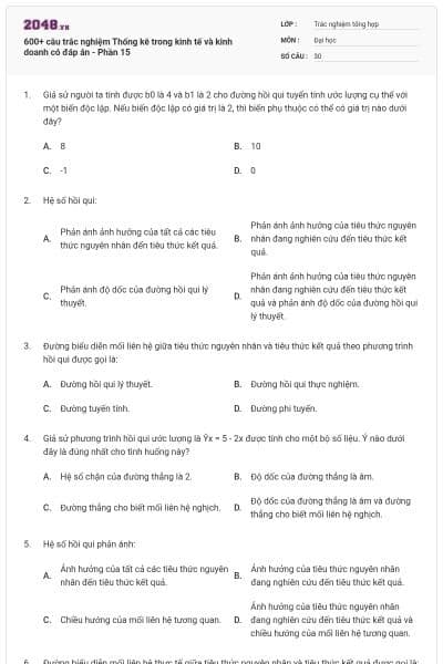 600+ câu trắc nghiệm Thống kê trong kinh tế và kinh doanh có đáp án - Phần 15