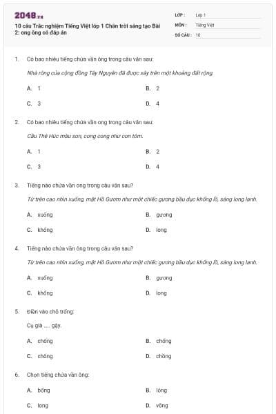 10 câu Trắc nghiệm Tiếng Việt lớp 1 Chân trời sáng tạo Bài 2: ong ông có đáp án