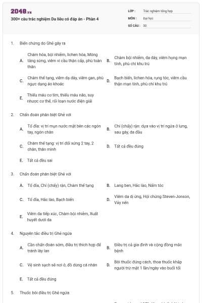 300+ câu trắc nghiệm Da liễu có đáp án - Phần 4
