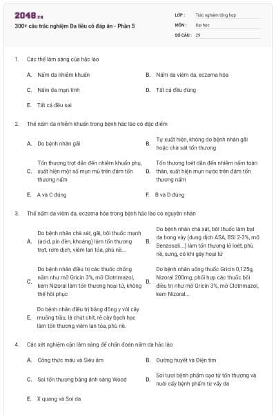 300+ câu trắc nghiệm Da liễu có đáp án - Phần 5