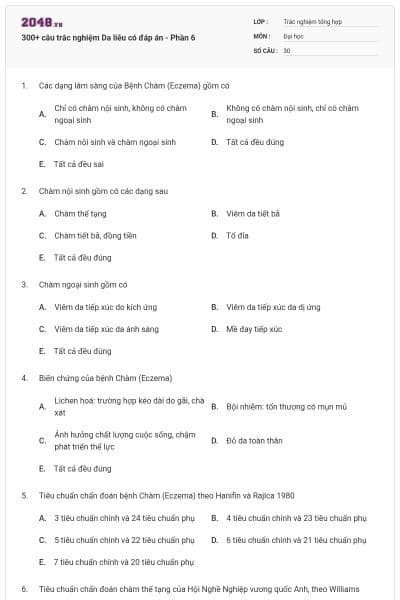 300+ câu trắc nghiệm Da liễu có đáp án - Phần 6