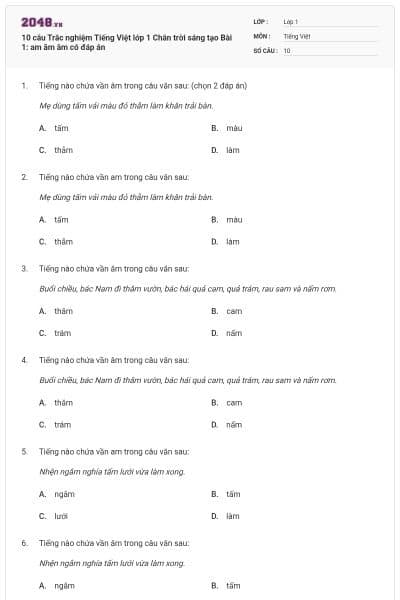 10 câu Trắc nghiệm Tiếng Việt lớp 1 Chân trời sáng tạo Bài 1: am ăm âm có đáp án