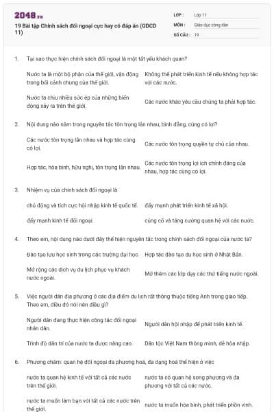 19 Bài tập Chính sách đối ngoại cực hay có đáp án (GDCD 11)