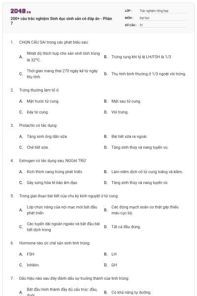 200+ câu trắc nghiệm Sinh dục sinh sản có đáp án - Phần 7