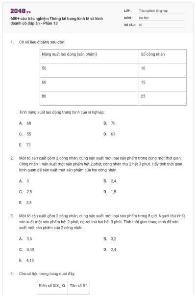600+ câu trắc nghiệm Thống kê trong kinh tế và kinh doanh có đáp án - Phần 13