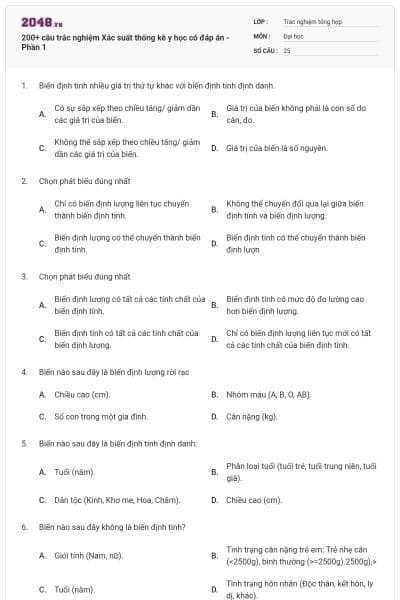 200+ câu trắc nghiệm Xác suất thống kê y học có đáp án - Phần 1