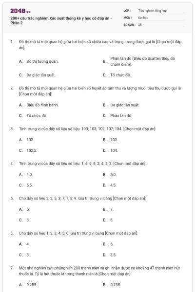 200+ câu trắc nghiệm Xác suất thống kê y học có đáp án - Phần 2